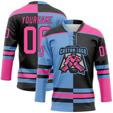 Laden Sie das Bild in den Galerie-Viewer, Uksn Individuelles Schwarz Pink-Hellblau Split-Fashion Eishockey-Trikot mit Schnürkragen