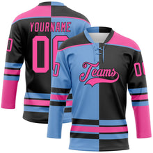 Laden Sie das Bild in den Galerie-Viewer, Uksn Individuelles Schwarz Pink-Hellblau Split-Fashion Eishockey-Trikot mit Schnürkragen