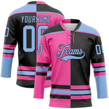 Laden Sie das Bild in den Galerie-Viewer, Uksn Individuelles Schwarz Hellblau-Pink Split-Fashion Eishockey-Trikot mit Schnürkragen