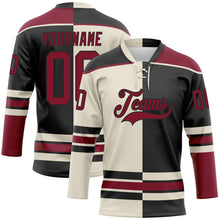 Laden Sie das Bild in den Galerie-Viewer, Uksn Individuelles Schwarz Karmesinrot-Creme Split-Fashion Eishockey-Trikot mit Schnürkragen