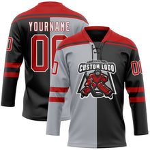 Laden Sie das Bild in den Galerie-Viewer, Uksn Individuelles Schwarz Rot Grau-Weiß Split-Fashion Eishockey-Trikot mit Schnürkragen