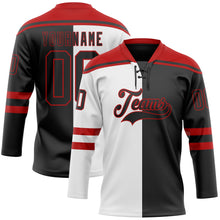 Laden Sie das Bild in den Galerie-Viewer, Uksn Individuelles Schwarz Rot-Weiß Split-Fashion Eishockey-Trikot mit Schnürkragen