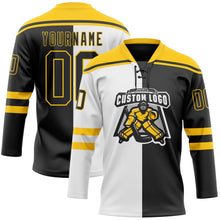 Laden Sie das Bild in den Galerie-Viewer, Uksn Individuelles Schwarz Gelb-Weiß Split-Fashion Eishockey-Trikot mit Schnürkragen