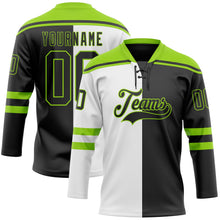 Laden Sie das Bild in den Galerie-Viewer, Uksn Individuelles Schwarz Neongrün-Weiß Split-Fashion Eishockey-Trikot mit Schnürkragen