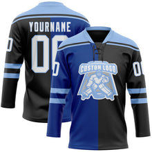 Laden Sie das Bild in den Galerie-Viewer, Uksn Individuelles Schwarz Weiß Royalblau-Hellblau Split-Fashion Eishockey-Trikot mit Schnürkragen