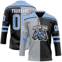 Laden Sie das Bild in den Galerie-Viewer, Uksn Individuelles Schwarz Hellblau Grau-Weiß Split-Fashion Eishockey-Trikot mit Schnürkragen