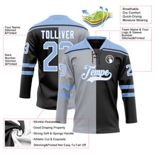 Laden Sie das Bild in den Galerie-Viewer, Uksn Individuelles Schwarz Hellblau Grau-Weiß Split-Fashion Eishockey-Trikot mit Schnürkragen