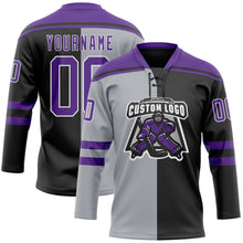 Laden Sie das Bild in den Galerie-Viewer, Uksn Individuelles Schwarz Violett Grau-Weiß Split-Fashion Eishockey-Trikot mit Schnürkragen