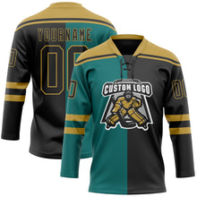 Laden Sie das Bild in den Galerie-Viewer, Uksn Individuelles Schwarz Petrol-Altgold Split-Fashion Eishockey-Trikot mit Schnürkragen
