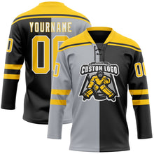 Laden Sie das Bild in den Galerie-Viewer, Uksn Individuelles Schwarz Gelb Grau-Weiß Split-Fashion Eishockey-Trikot mit Schnürkragen