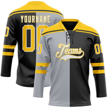 Laden Sie das Bild in den Galerie-Viewer, Uksn Individuelles Schwarz Gelb Grau-Weiß Split-Fashion Eishockey-Trikot mit Schnürkragen