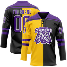 Laden Sie das Bild in den Galerie-Viewer, Uksn Individuelles Schwarz Violett Gelb-Weiß Split-Fashion Eishockey-Trikot mit Schnürkragen