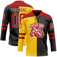 Laden Sie das Bild in den Galerie-Viewer, Uksn Individuelles Schwarz Rot Gelb-Weiß Split-Fashion Eishockey-Trikot mit Schnürkragen