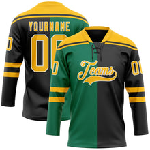 Laden Sie das Bild in den Galerie-Viewer, Uksn Individuelles Schwarz Gold Kelly-Grün-Weiß Split-Fashion Eishockey-Trikot mit Schnürkragen