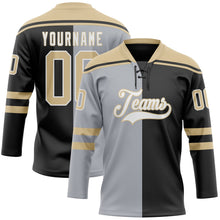 Laden Sie das Bild in den Galerie-Viewer, Uksn Individuelles Schwarz Vegas-Gold Grau-Weiß Split-Fashion Eishockey-Trikot mit Schnürkragen