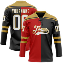 Laden Sie das Bild in den Galerie-Viewer, Uksn Individuelles Schwarz Weiß Rot-Altgold Split-Fashion Eishockey-Trikot mit Schnürkragen