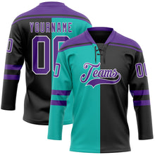 Laden Sie das Bild in den Galerie-Viewer, Uksn Individuelles Schwarz Violett Aqua-Weiß Split-Fashion Eishockey-Trikot mit Schnürkragen