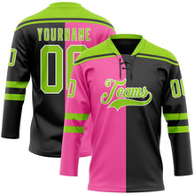 Laden Sie das Bild in den Galerie-Viewer, Uksn Individuelles Schwarz Neongrün Pink-Weiß Split-Fashion Eishockey-Trikot mit Schnürkragen