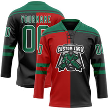 Laden Sie das Bild in den Galerie-Viewer, Uksn Individuelles Schwarz Kelly-Grün Rot-Weiß Split-Fashion Eishockey-Trikot mit Schnürkragen