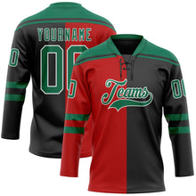 Laden Sie das Bild in den Galerie-Viewer, Uksn Individuelles Schwarz Kelly-Grün Rot-Weiß Split-Fashion Eishockey-Trikot mit Schnürkragen