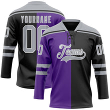 Laden Sie das Bild in den Galerie-Viewer, Uksn Individuelles Schwarz Grau Violett-Weiß Split-Fashion Eishockey-Trikot mit Schnürkragen