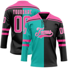Laden Sie das Bild in den Galerie-Viewer, Uksn Individuelles Schwarz Pink Aqua-Weiß Split-Fashion Eishockey-Trikot mit Schnürkragen