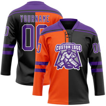 Laden Sie das Bild in den Galerie-Viewer, Uksn Individuelles Schwarz Violett Orange-Weiß Split-Fashion Eishockey-Trikot mit Schnürkragen