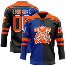 Laden Sie das Bild in den Galerie-Viewer, Uksn Individuelles Schwarz Orange Royalblau-Weiß Split-Fashion Eishockey-Trikot mit Schnürkragen