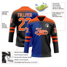Laden Sie das Bild in den Galerie-Viewer, Uksn Individuelles Schwarz Orange Royalblau-Weiß Split-Fashion Eishockey-Trikot mit Schnürkragen