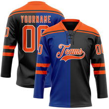 Laden Sie das Bild in den Galerie-Viewer, Uksn Individuelles Schwarz Orange Royalblau-Weiß Split-Fashion Eishockey-Trikot mit Schnürkragen