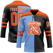 Laden Sie das Bild in den Galerie-Viewer, Uksn Individuelles Schwarz Orange Puderblau-Weiß Split-Fashion Eishockey-Trikot mit Schnürkragen