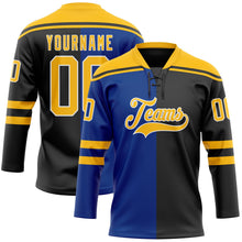 Laden Sie das Bild in den Galerie-Viewer, Uksn Individuelles Schwarz Gold Royalblau-Weiß Split-Fashion Eishockey-Trikot mit Schnürkragen