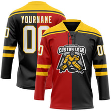 Laden Sie das Bild in den Galerie-Viewer, Uksn Individuelles Schwarz Weiß Rot-Gelb Split-Fashion Eishockey-Trikot mit Schnürkragen