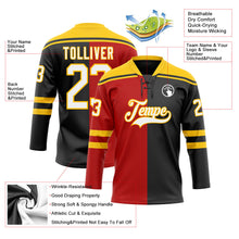 Laden Sie das Bild in den Galerie-Viewer, Uksn Individuelles Schwarz Weiß Rot-Gelb Split-Fashion Eishockey-Trikot mit Schnürkragen