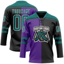 Laden Sie das Bild in den Galerie-Viewer, Uksn Individuelles Schwarz Petrol Violett-Weiß Split-Fashion Eishockey-Trikot mit Schnürkragen