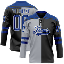 Laden Sie das Bild in den Galerie-Viewer, Uksn Individuelles Schwarz Royalblau Grau-Weiß Split-Fashion Eishockey-Trikot mit Schnürkragen