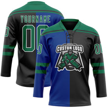 Laden Sie das Bild in den Galerie-Viewer, Uksn Individuelles Schwarz Kelly-Grün Royalblau-Weiß Split-Fashion Eishockey-Trikot mit Schnürkragen