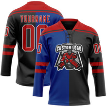 Laden Sie das Bild in den Galerie-Viewer, Uksn Individuelles Schwarz Rot Royalblau-Weiß Split-Fashion Eishockey-Trikot mit Schnürkragen