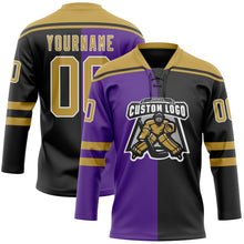 Laden Sie das Bild in den Galerie-Viewer, Uksn Individuelles Schwarz Altgold Violett-Weiß Split-Fashion Eishockey-Trikot mit Schnürkragen