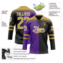 Laden Sie das Bild in den Galerie-Viewer, Uksn Individuelles Schwarz Altgold Violett-Weiß Split-Fashion Eishockey-Trikot mit Schnürkragen