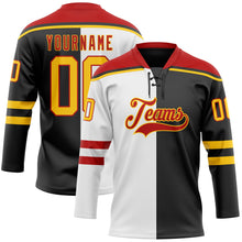 Laden Sie das Bild in den Galerie-Viewer, Uksn Individuelles Schwarz Gelb Weiß-Rot Split-Fashion Eishockey-Trikot mit Schnürkragen