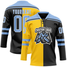 Laden Sie das Bild in den Galerie-Viewer, Uksn Individuelles Schwarz Hellblau Gelb-Weiß Split-Fashion Eishockey-Trikot mit Schnürkragen