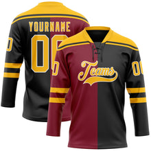Laden Sie das Bild in den Galerie-Viewer, Uksn Individuelles Schwarz Gold Karmesinrot-Weiß Split-Fashion Eishockey-Trikot mit Schnürkragen