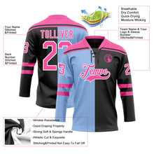 Laden Sie das Bild in den Galerie-Viewer, Uksn Individuelles Schwarz Pink Hellblau-Weiß Split-Fashion Eishockey-Trikot mit Schnürkragen
