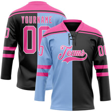 Laden Sie das Bild in den Galerie-Viewer, Uksn Individuelles Schwarz Pink Hellblau-Weiß Split-Fashion Eishockey-Trikot mit Schnürkragen