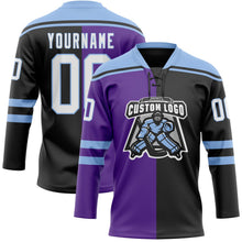 Laden Sie das Bild in den Galerie-Viewer, Uksn Individuelles Schwarz Weiß Violett-Hellblau Split-Fashion Eishockey-Trikot mit Schnürkragen