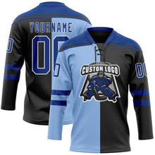 Laden Sie das Bild in den Galerie-Viewer, Uksn Individuelles Schwarz Royalblau Hellblau-Weiß Split-Fashion Eishockey-Trikot mit Schnürkragen
