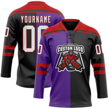 Laden Sie das Bild in den Galerie-Viewer, Uksn Individuelles Schwarz Weiß Violett-Rot Split-Fashion Eishockey-Trikot mit Schnürkragen