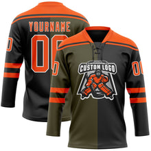 Laden Sie das Bild in den Galerie-Viewer, Uksn Individuelles Schwarz Orange Oliv-Weiß Split-Fashion Eishockey-Trikot mit Schnürkragen