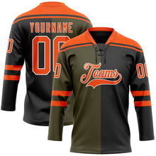 Laden Sie das Bild in den Galerie-Viewer, Uksn Individuelles Schwarz Orange Oliv-Weiß Split-Fashion Eishockey-Trikot mit Schnürkragen